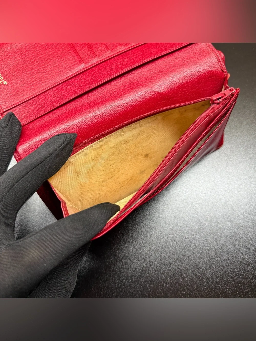 CHANEL Caviar Sevruga Yen Red Wallet